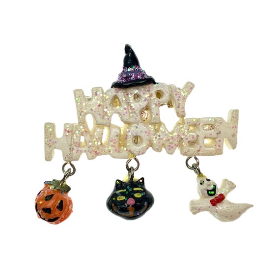 Vintage Happy Halloween Pin / Black Cat, Pumpkin,… - image 3