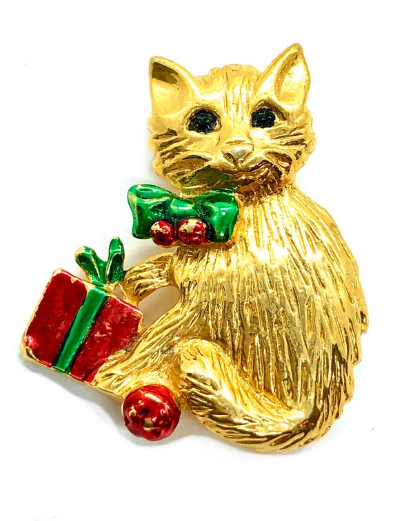 Sweet Christmas Kitty Cat Brooch - Holiday Jewelry