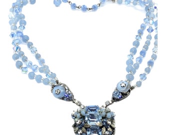 アンティークガラス、ブルーのシルバーペンダントネックレス // 1940