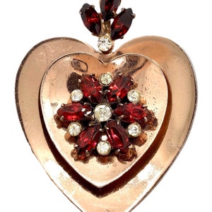 Coro Heart Brooch - Sterling Silver Vermeil - Ruby Red Rhinestones
