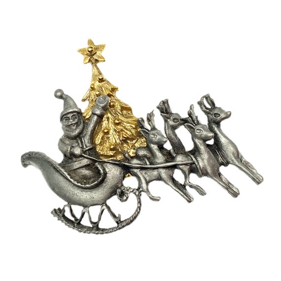 Vintage Santa in Sleigh Brooch / Christmas Jewelry - image 4