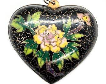 Vintage cloisonné-harthanger – bloemen boho-sieraden, jaren 1970