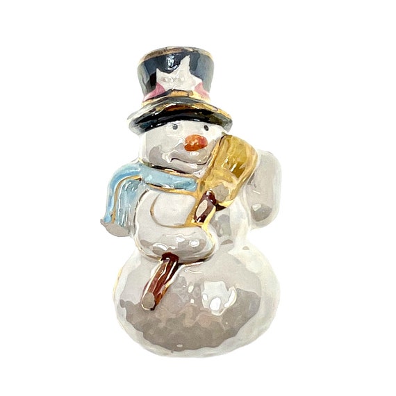 Ceramic Snowman Pin / Vintage Christmas Jewelry - image 2
