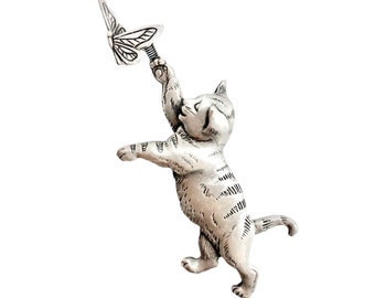 Kitty Cat Brooch / Chasing Butterfly Pin - Pewter Cat Brooch - Vintage JJ