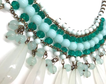 Aqua Bib Necklace - Vintage Beads & Rhinestones