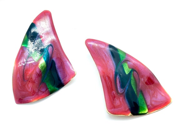 Pink Triangle Earrings - Funky Vintage 1980s Ename - image 1