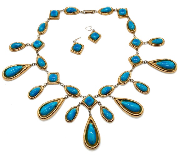 Gorgeous Boho Vintage Gold & Turquoise Ceramic Ne… - image 1