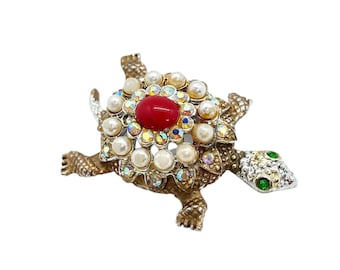 Super Cute Bejeweled Turtle Brooch - Vintage - Book Piece