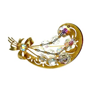 Mid Century Brooch / Crystal Beads Stylized Spray Pin