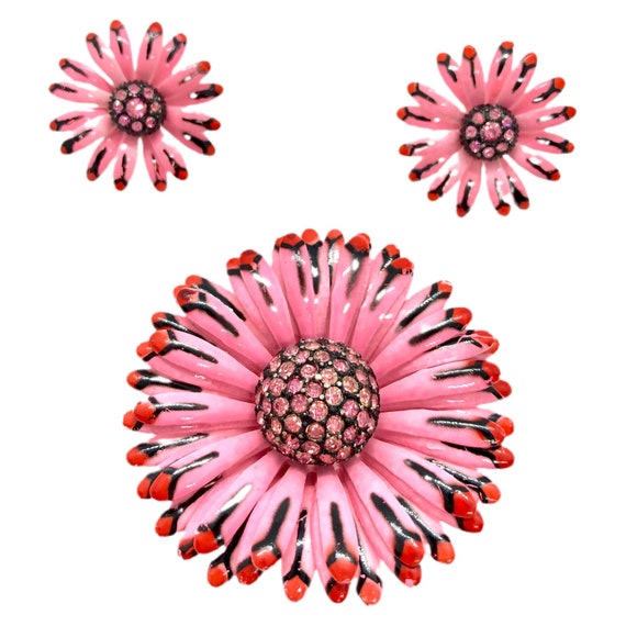 Pink Flower Brooch & Earrings Corocraft / Vintage Jewelry