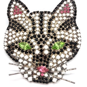 Vintage Cat Brooch - White & Black Striped - Crystals