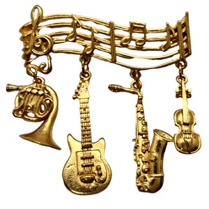 Musical Instruments Brooch - Vintage - Guitar, Saxaphone, Violin & Tuba Signed JJ