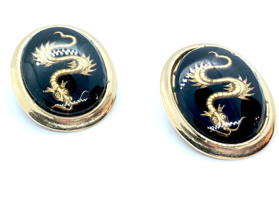 Unique Vintage Dragon Earrings - Black / Gold Int… - image 3