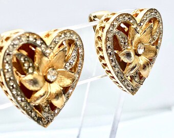 Vintage Heart Earrings with Flower Center Rhinestones