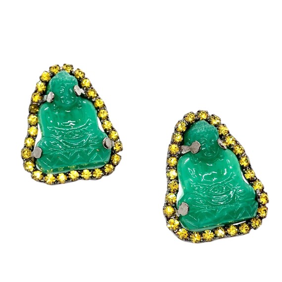 OOAK Buddha Earrings - Vintage Molded Glass Figure