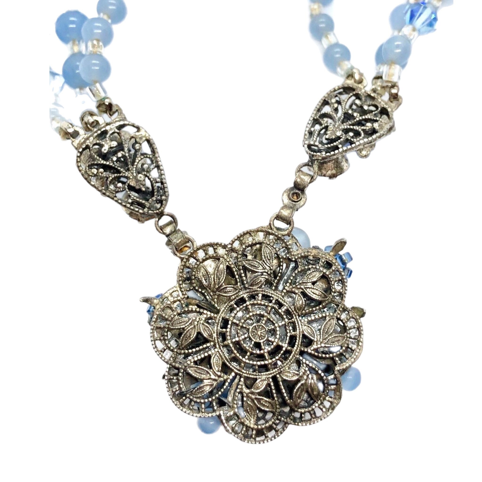 Blue Glass Necklace Rhinestones - 1940s Hollywood Glam - Etsy