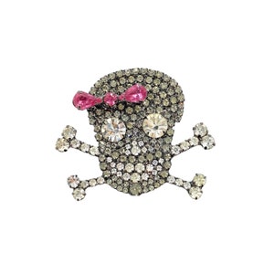 Rhinestone Skull Brooch - Skull & Crossbones Brooch Pink Bow