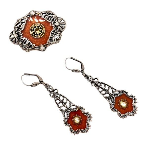 Silver Enamel Brooch / Earrings Set / Rhinestones - image 1