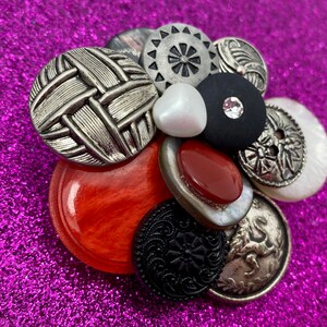 Vintage Button Brooch Red, Black Silver Buttons OOAK image 3