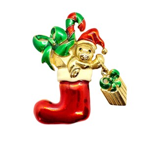 Teddy Bear Brooch / Christmas Stocking Pin - Candy Cane - Presents - Signed Tona