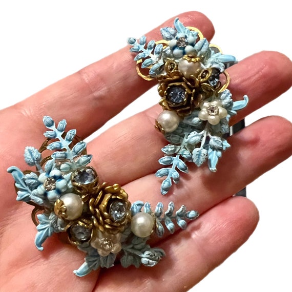 Blue Flower Earrings / Rare Mid Century Jewelry - image 1