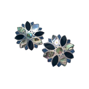 Sterling Silver Earrings / Mother of Pearl, Onyx, Lapis / Mexican