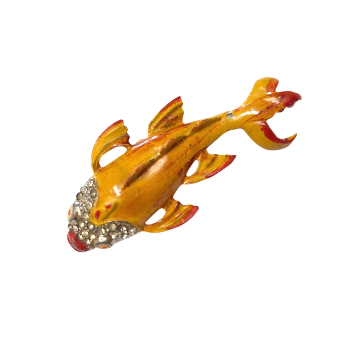 Koi Fish Brooch Vintage Enamel 1940s - Rhinestones / Goldfish Pin - Etsy