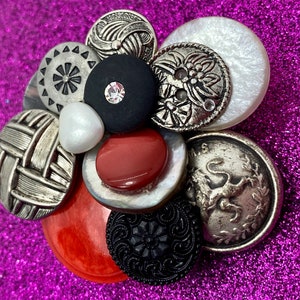 Vintage Button Brooch Red, Black Silver Buttons OOAK image 6