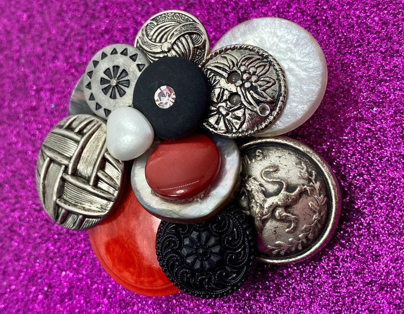 Vintage Button Brooch Red, Black Silver Buttons OOAK image 6