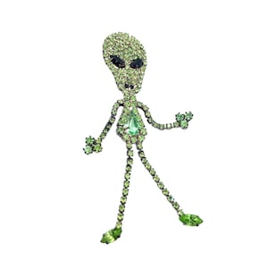 Green Alien Pin - ET Brooch / Dangly Moving Arms & Legs Brooch