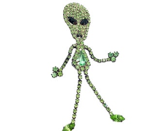 Green Alien Pin - ET Brooch / Dangly Moving Arms & Legs Brooch