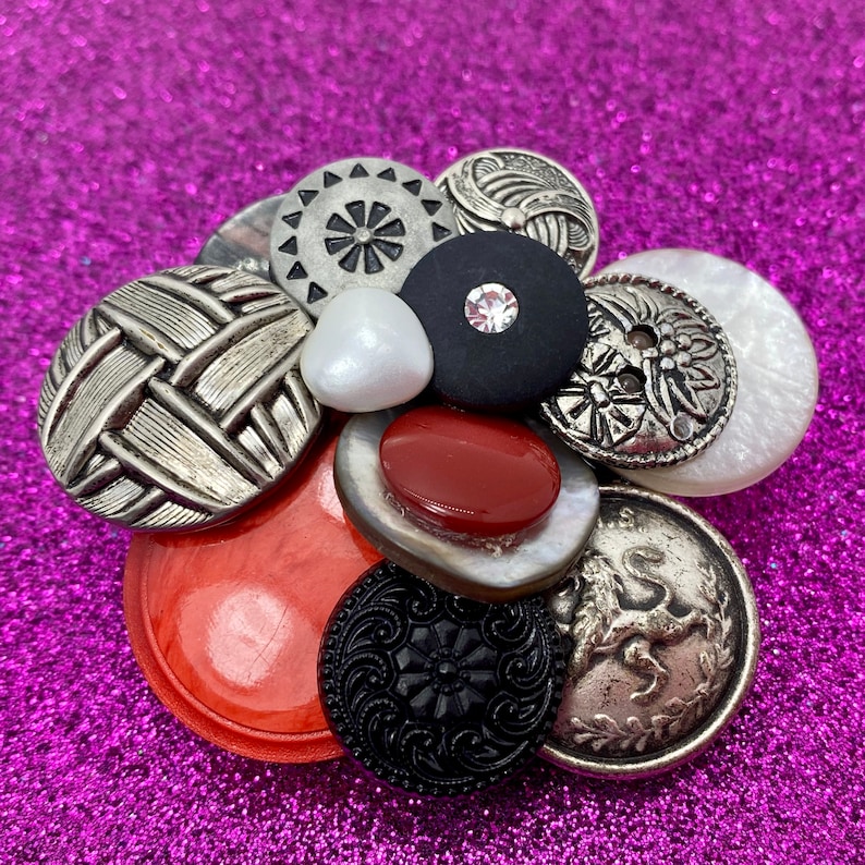 Vintage Button Brooch Red, Black Silver Buttons OOAK image 1