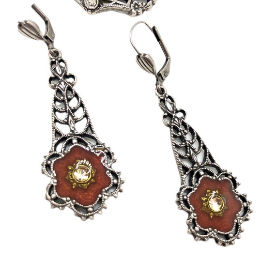 Silver Enamel Brooch / Earrings Set / Rhinestones - image 4
