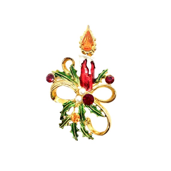 Vibrant Candle Pin - Vintage Christmas - Rhinesto… - image 1