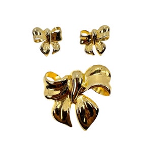 Gold Schleifen Brosche & Ohrringe Set / Vintage Schmuck