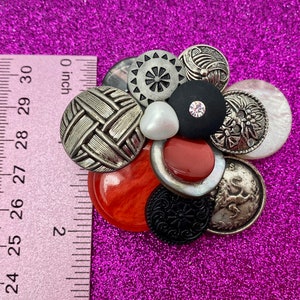 Vintage Button Brooch Red, Black Silver Buttons OOAK image 8