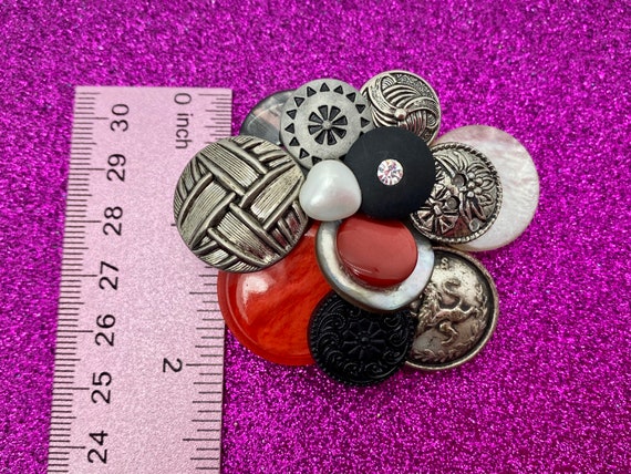 Vintage Button Brooch - Red, Black Silver Buttons… - image 8