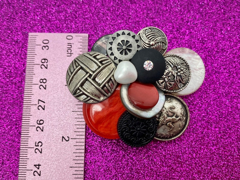 Vintage Button Brooch Red, Black Silver Buttons OOAK image 8