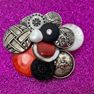 Vintage Button Brooch Red, Black Silver Buttons OOAK image 7