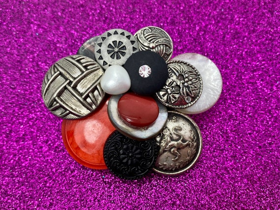 Vintage Button Brooch - Red, Black Silver Buttons… - image 7