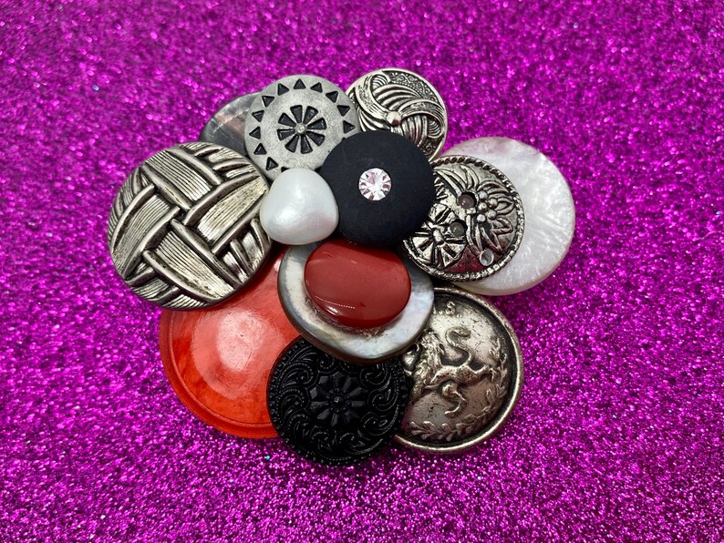 Vintage Button Brooch Red, Black Silver Buttons OOAK image 7