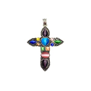 Vintage Cross Pendant / Multi Color Cabochons  Jewelry
