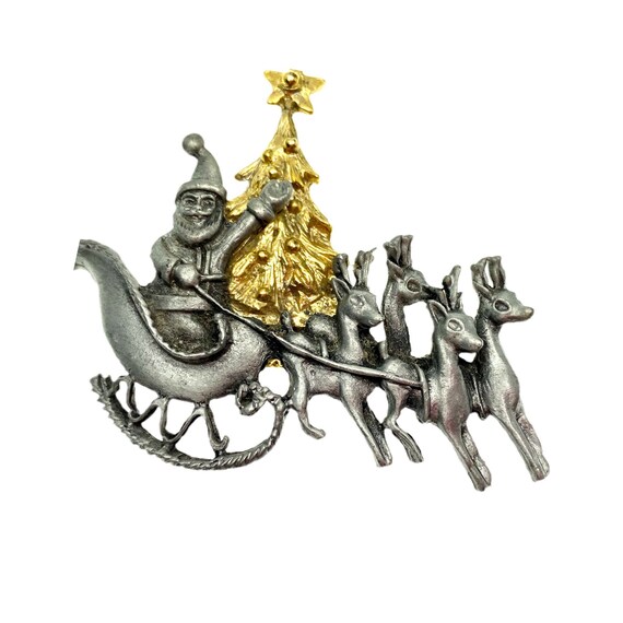 Vintage Santa in Sleigh Brooch / Christmas Jewelry - image 3