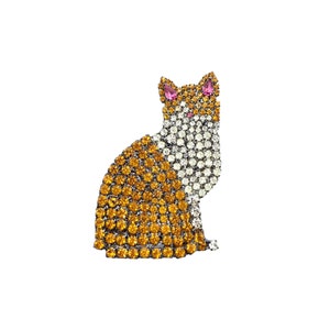 Orange Cat Brooch - Swarovski Crystal Rhinestone Feline Pin - Bicolor