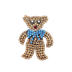 Teddy Bear Brooch - Von Walhof Crystal Rhinestone Pin / Blue Bow