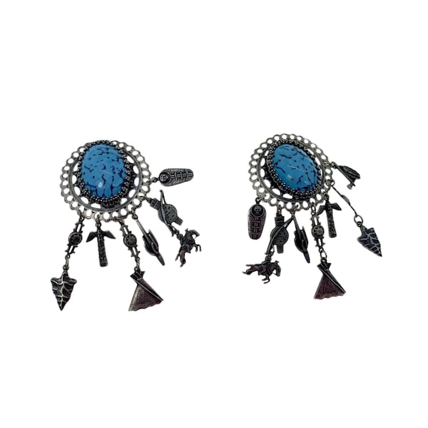 Turquoise Charm Earrings / Native American Indian / Southwestern Style / Vintage