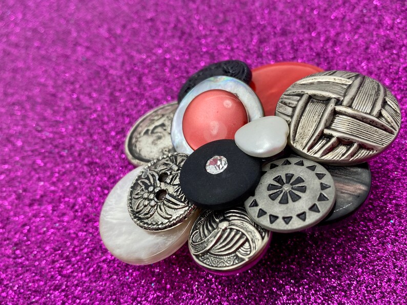 Vintage Button Brooch Red, Black Silver Buttons OOAK image 4