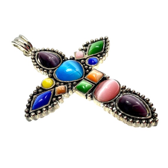 Multi Color Cabochon Cross Pendant / Vintage Jewe… - image 3