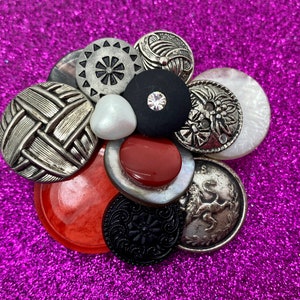 Vintage Button Brooch Red, Black Silver Buttons OOAK image 2