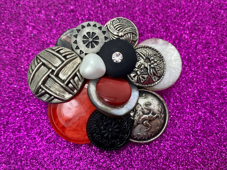 Vintage Button Brooch Red, Black Silver Buttons OOAK image 2